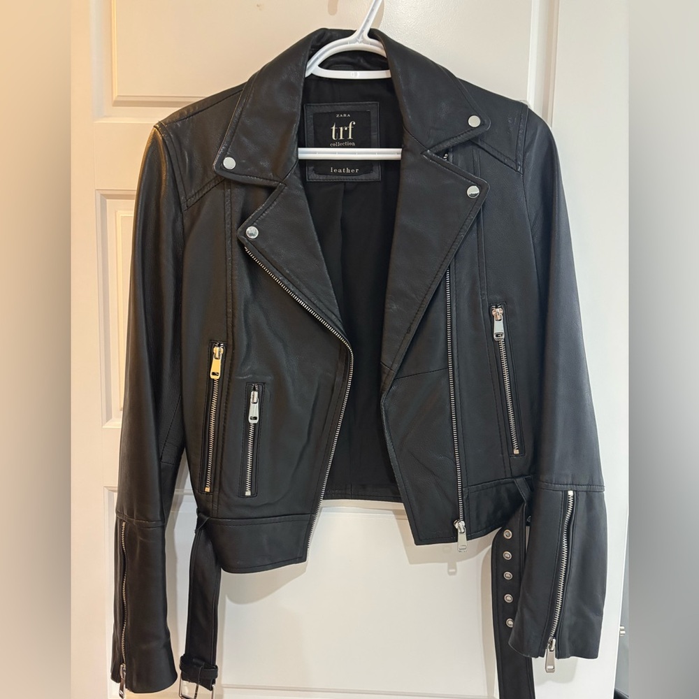 Genuine Real leather Zara Black Biker Jacket with Silver Hardware